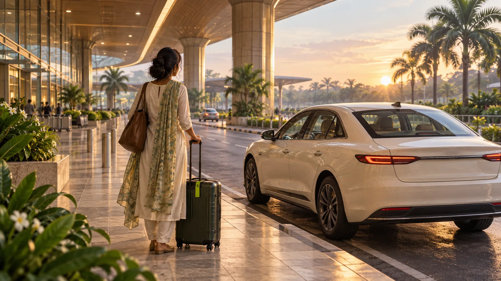 Editorial illustration of an airport arrival and a planned car pickup