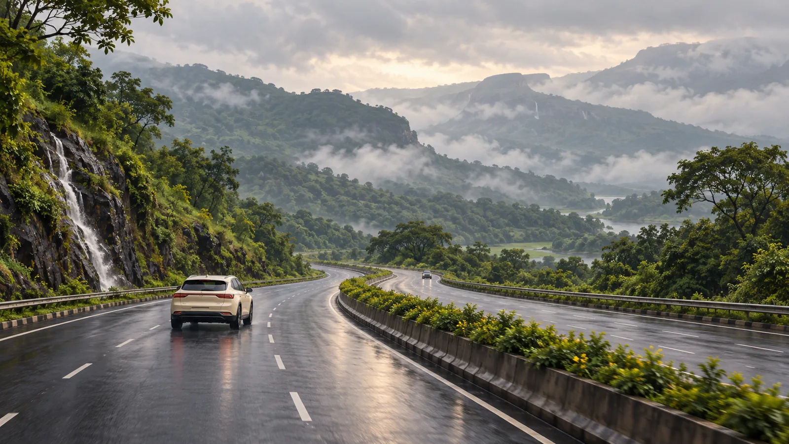 Editorial illustration of a road journey through the green Sahyadri hills