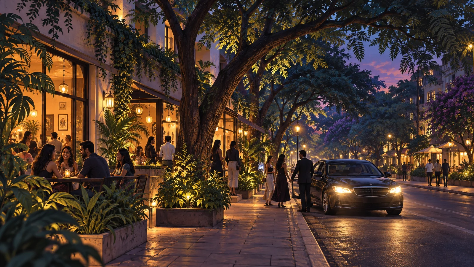 Illustration of a leafy Pune lane at dusk, with cafe lights and a curbside pickup